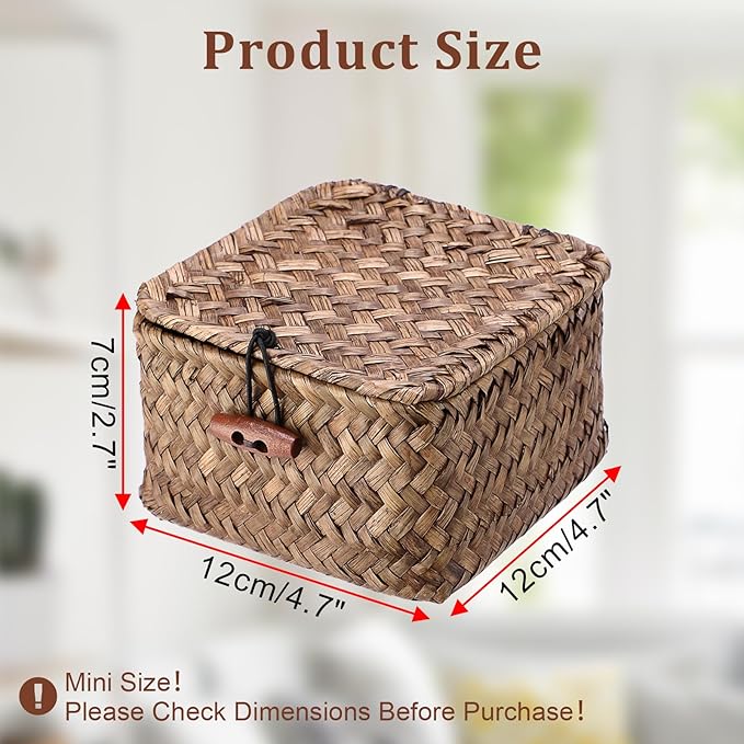 Wicker Basket with Lid Natural Seagrass Storage Box,4.7x 4.7x2.7" | Square Handwoven Basket Box for Shelf, Multipurpose Desktop Organizer Bin for Keys, Candy, Coin