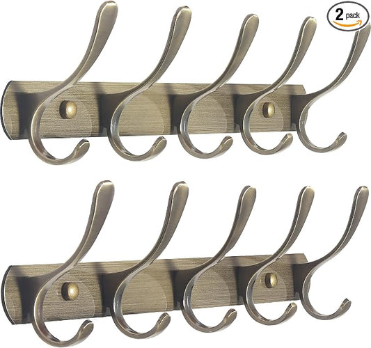 SKOLOO Coat Rack Wall Mount - Modern, Metal Wall Coat Rack with 5 Hooks, Pack of 2, Sturdy Wall Hook Rack Rail for Hanging Coat, Jacket, Clothes, Hat, Bronze