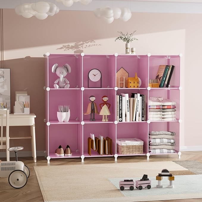 AWTATOS 12 Cube Storage Organizer, Closet Organizers Storage Shelves, Pink | Portable Closet Organizers, DIY Stackable Storage Cubes Shelves Bookshelf, Plastic Clothes Shelving for Home, Bedroom