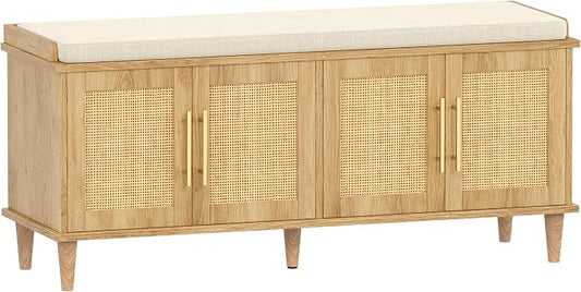 Akxomel 47.2" Rattan Shoe Storage Bench 4 Doors Wooden Entryway Bench Oak | 2 Tier Shoe Bench with Padded Cushion, Adjustable Shelves and 4 Doors, Solid Wood Legs, for Hallway, Living Room, Bedroom