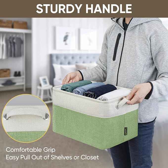 BALEINE 2 Pack Fabric Closet Storage Bins for Shelves, Linen Closet Organizers and Storage, Decorative Baskets for Organizing, Shelf, Clothes, Home, Office (Green, 15''x11''x9.5'')