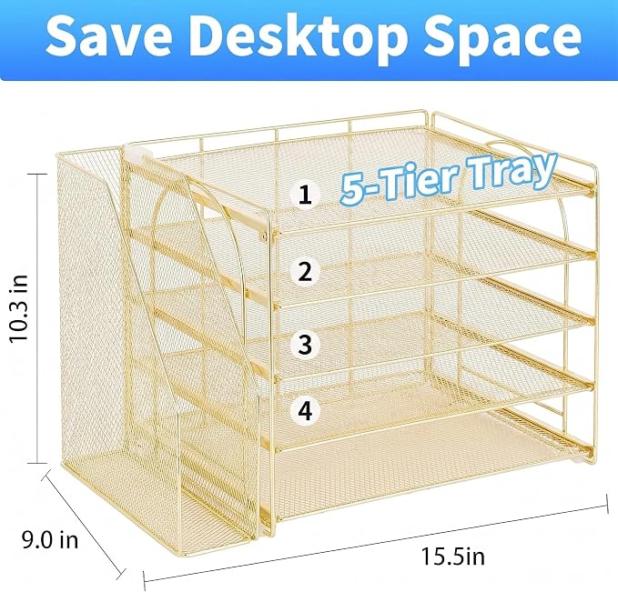 OPNICE Desk Organizer, 5-Tier Paper Organizer Letter Tray with Magazine Holder, Office Desk Accessories & Workspace Organizers, Desktop File Organizer for Office Supplies Storage, Gold