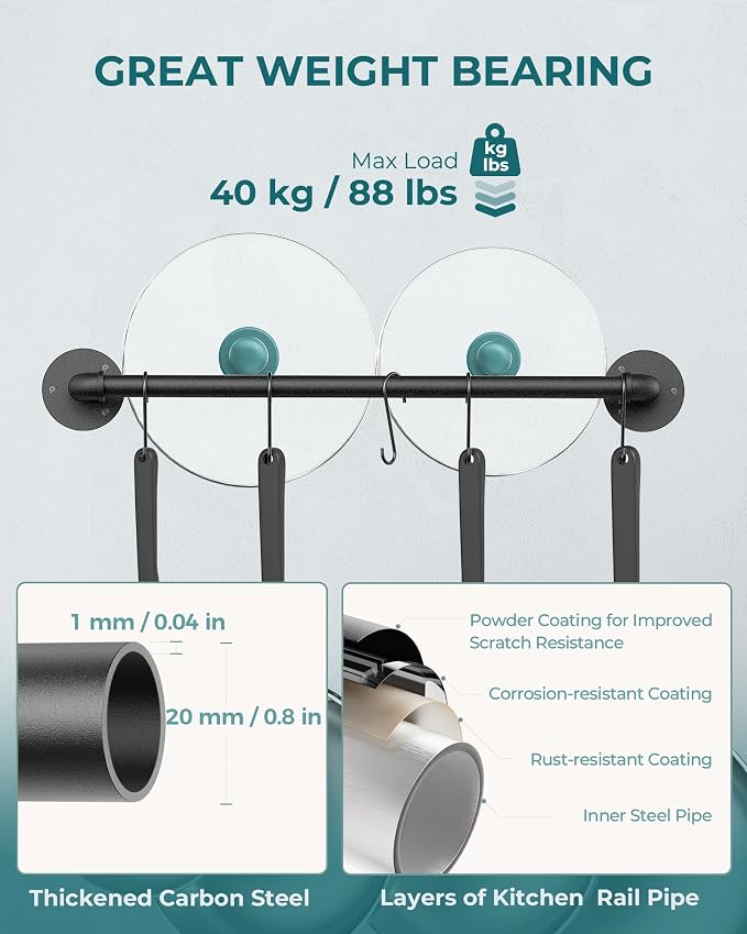 OROPY 21'' Pot Rack Wall Mounted, Iron Pipe Hanging Rack, 10 S Hooks, 2Pack | Industrial Utensils Kitchen Hanging Rail, Pot and Pan Organizer, Pot Lid Organizer, Black