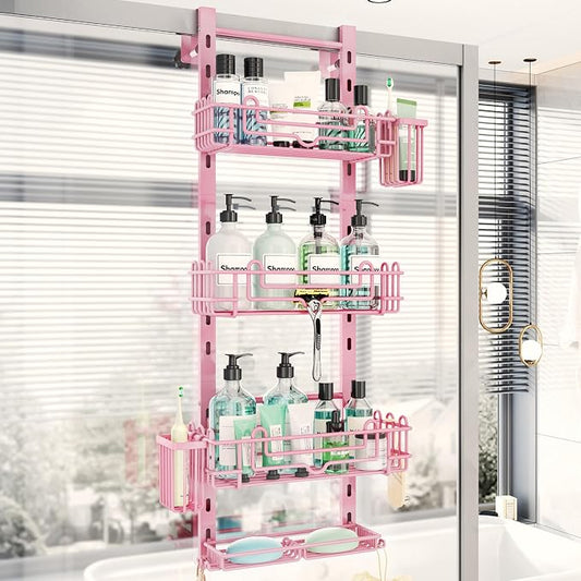 HapiRm Hanging Shower Caddy Organizer - Shower Shelf with 22 Hooks and 2 Toothbrush Holders, No Drilling Adjustable Hanging Bathroom Organizer - Pink