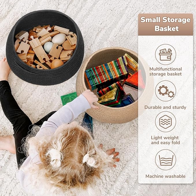 Goodpick Round Woven Storage Basket for Shelves, 12.5" x 8.3", Black | Small Rope Basket with Handles, Holds Blankets, Toys & Nursery Essentials, Decorative Basket for Living Room & Home Décor