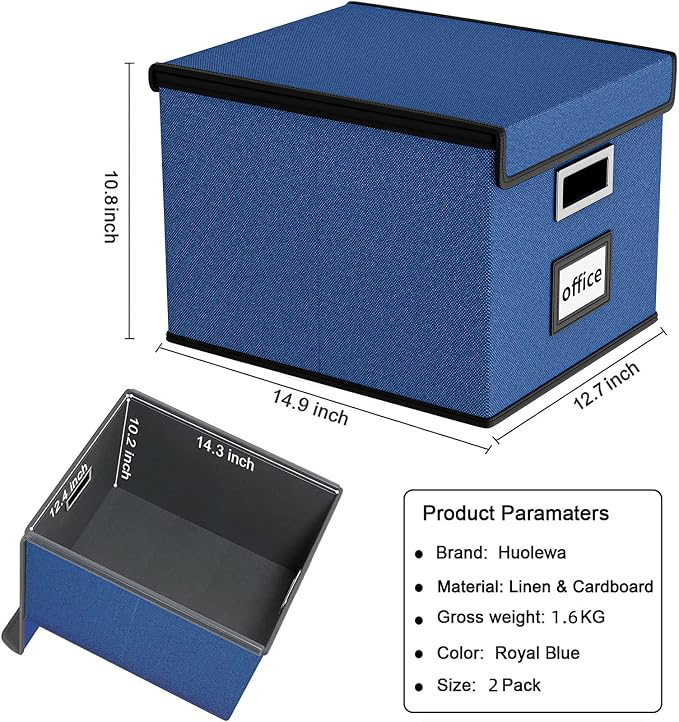 File Organizer Box with Lids, Collapsible File Folder Organizer | File Box with Plastic Slides for Document, Filing Bin for Letter Size Hanging File Folders (2 Pack, Royal Blue)