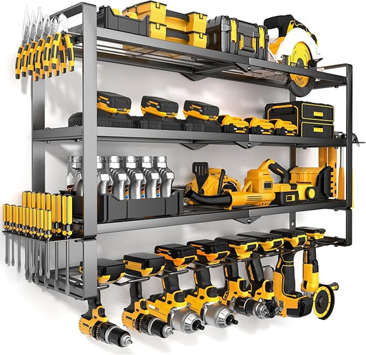 MOOMSINE Large Power Tool Organizer Wall Mount for Garage, 4-Tier Heavy Duty Metal Storage Rack Loads 400lbs, Battery Tools Hanger with 8 Cordless Drill Holders for Workshop, Pegboard, Shed