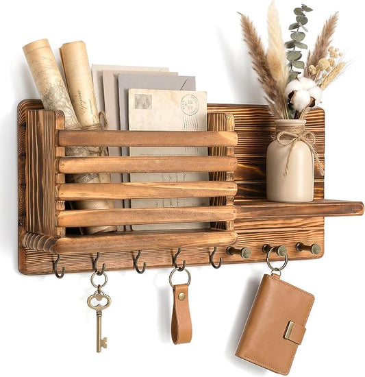 Rebee Vision Key Holder Wall Mount with Mail Slot for Entryway, Retro Brown | Pine Wood, Key Holder for Wall, 8 Hooks for Dog Leashes, Floating Shelf, Mail Sorter, New Home Essentials, Entryway Storage