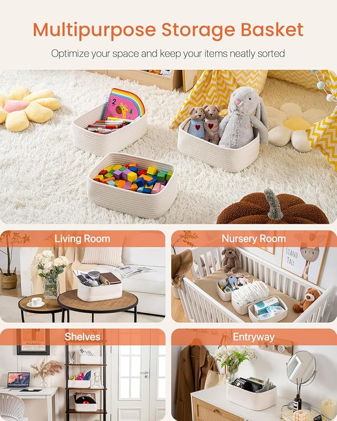KALLAX Small Woven Storage Basket for Organizing, 12 x 8 x 4.5 inch, 3 Pack | Shelf baskets for closet organization, toy storage and home decor, Perfect as empty gift baskets for holidays, Off White