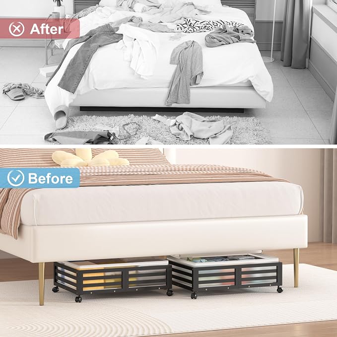 Under Bed Storage with Wheels, 2 Pack Bamboo Drawers for Shoes and Clothes | Fitted dustproof bags, stackable design, smooth pullout access for bedding, blankets, toys and seasonal essentials