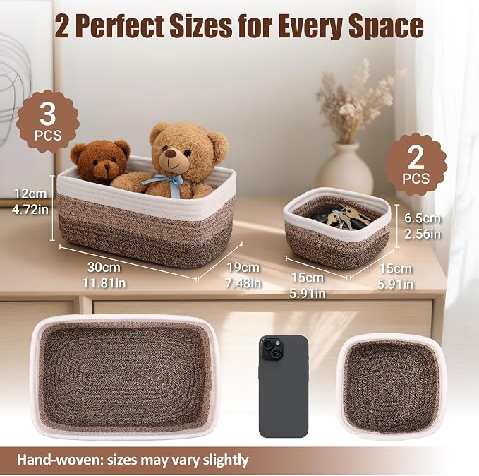 5-Pack Small Woven Rope Storage Baskets, 2 Sizes Organizer Bins | Fabric Cube Boxes and Rectangular Shallow Bins for Closet, Shelf, Bookshelf, Nursery, Changing Table, Bathroom, Toys & Home