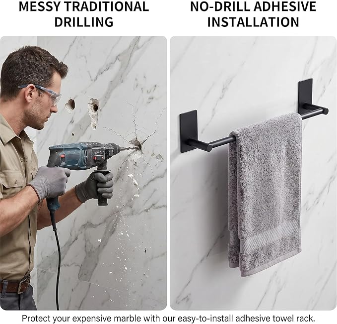 Adhesive Bath Towel Bar 24-inch Black, No Drill Stick On Towel Rack, Easy Install with Self-Adhesive, Premium SUS304 Stainless Steel (Black, 24)