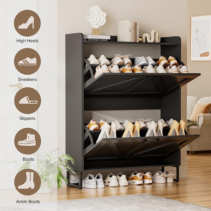 EOYUTLLY Shoe Cabinet for Entryway with 2 Flip Drawers,Narrow Wooden Shoe Storage Cabinet with Metal Legs,Hold 24 Pairs, 4-Tier Adjustable Shelves–Freestanding Hidden Shoe Organizer for Hallway, Foyer