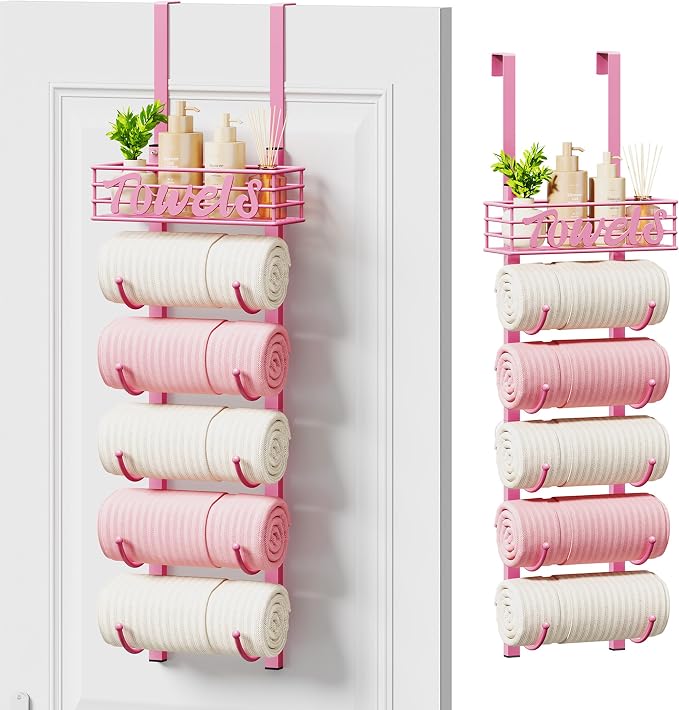 SWTYMIKI Hanging Towel Racks for Bathroom - 9 Tier Over the Door & Wall Mounted Bath Rolled Towel Storage for Women Girl, Door Towel Organizer Holder for Small Bathroom, RV, Camper