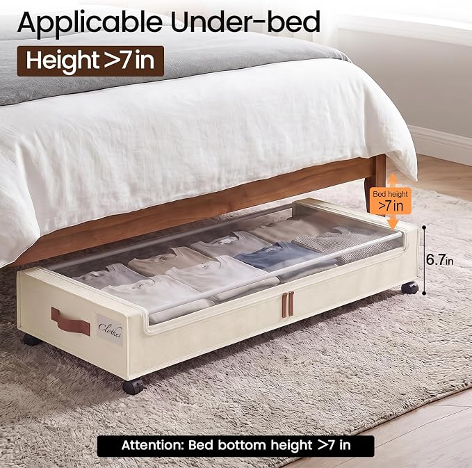 Yecaye 70L Large Under Bed Storage Containers with Wheels, 2 Pack, Beige | Larger Capacity, 360° Rolling Wheels, Clear Window & Label, Sturdy Fabric, Rolling Metal Drawers for Clothes, Shoes, Blankets