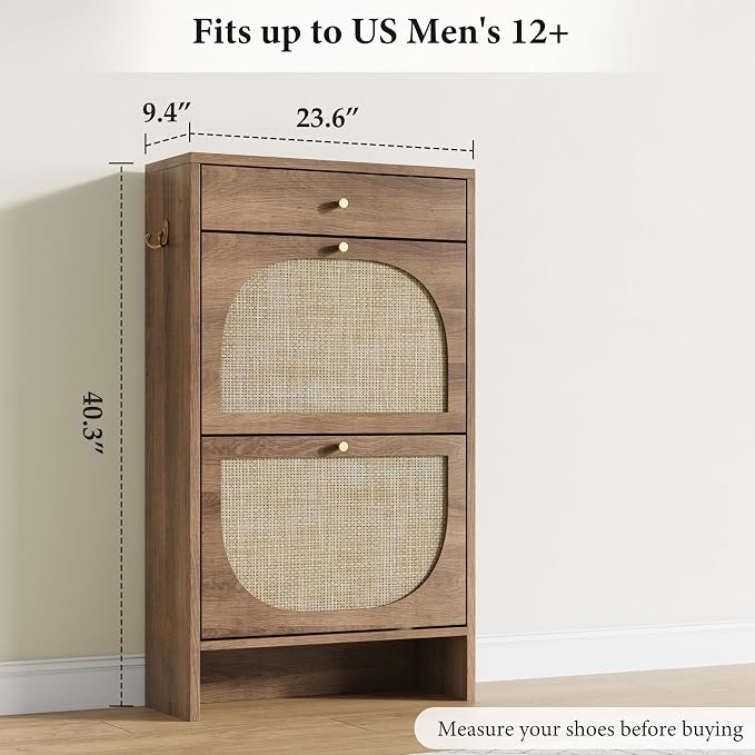 Nicetree Shoe Cabinet for Entryway, Slim Shoe Rack with 2 Flip Drawers and Top Storage Drawer, Narrow Shoe Organizer with Printed Rattan-Look Design, Entryway Shoe Storage for Size 12 Shoes, Caramel
