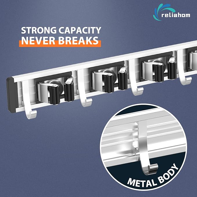 reliahom Broom Holder Wall Mount Mop Hanger Tools organizer 4Racks 5Hooks | Adjustable Mop Broom Wall Hanging Heavy duty Tools Storage Rack Space-saving for Garage,Kitchen,Laundry Room,Garden, Black