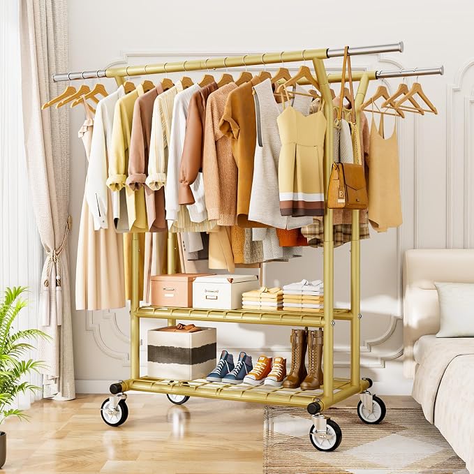 HYSEYY Heavy Duty Clothes Rack, Rolling Clothing Racks With Shelves Load 620 LBS, Double Rod Clothing Racks for Hanging Clothes, Portable& Adjustable Clothes Rack with Wheels Garment Rack,Gold