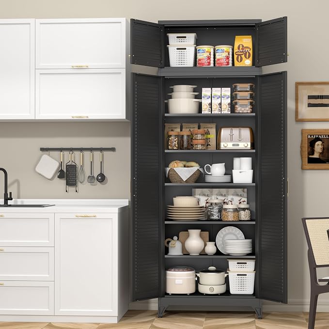 SteeLoong 90" Metal Storage Cabinet with Doors and 5 Adjustable Shelves | Kitchen Pantry Cabinet,Black Tall Freestanding Cupboard with Gold Handle,Steel Garage Cabinets for Tool,Office,Kitchen,School