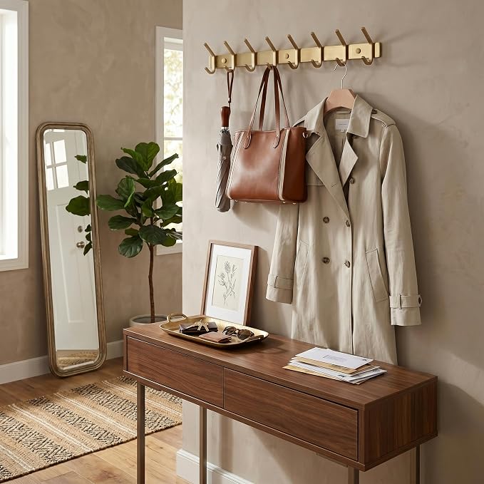 Brushed Gold Wall Mounted Coat Rack – 24 Inch Stainless Steel Rail with 8 Double Coat Hooks for Entryway, Bathroom, Bedroom, Kitchen – Modern Gold Hook Rack for Coats, Hats, Towels