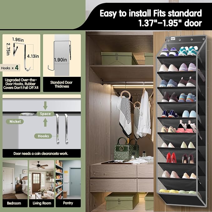 Kotkn 10 Tier Over The Door Organizer - Heavy Duty Hanging Storage Rack with Sturdy Oxford Fabric, Holds 20+ Pairs of Footwear, Boots & Sneakers, Saves 50% Closet Space (Black)