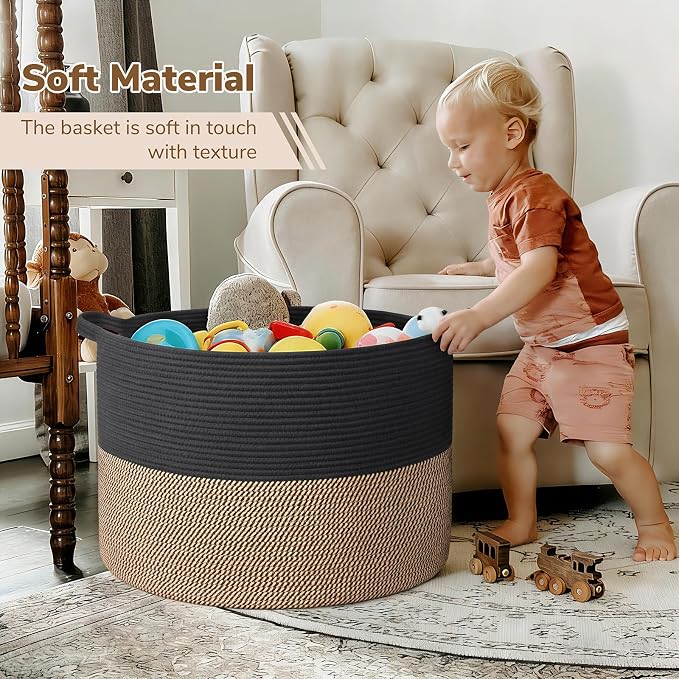 INDRESSME 115L Extra Large Woven Rope Blanket Basket Living Room, Mix Black | 23.6" x 15.7" Storage baskets for toys laundry & pillows. Fits living room, bedroom or nursery décor. Soft-touch with handles
