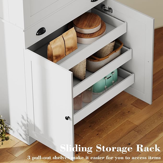 IRONCK 72" Kitchen Pantry Cabinet with Drawer and Sliding Racks, White | White wood pantry cabinet. 6 door shelves. 3 sliding racks. For kitchen, dining room, or hallway.