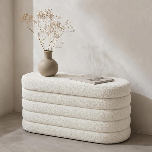 GLAXYFUR Oval Storage Ottoman Bench, 30 Inches Entryway Shoe Seat | Upholstered Ottoman with Storage, End of Bed Stool Blanket Chest, For Living Room, Hallway, Sherpa White