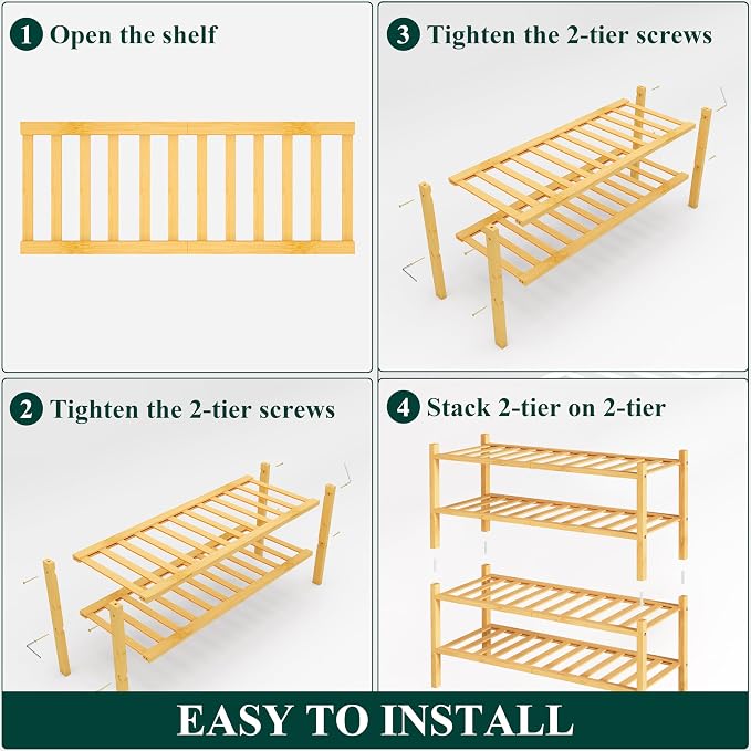 Smiry Bamboo Shoe Rack, 12 Vertical Slats, 4 Tier - 26.8" Wide, Natural | Stackable Free Standing Wooden Shoe Organizer, Wood Shoe Storage Shelf for Closet, Entryway