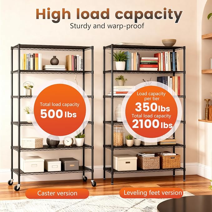 FDW | 6-Tier Wire Storage Shelves with PP Shim | 45"x18"x82" Wheels | Black | Adjustable Racks | Heavy-Duty Metal Shelf, Holds Upto 2100 lbs | Tool-Free Assembly, Rust-Resistant | for Home & Garage