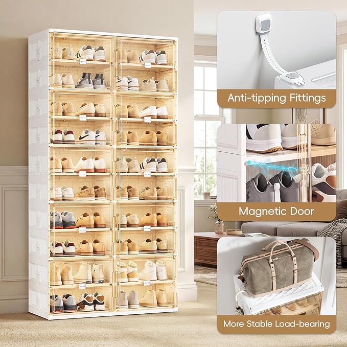 JEKO&JEKO 8 Tiers Foldable Shoe Rack Organizer Cabinet for Closet Entryway, Large Collapsible Shoe Storage Box with Magnetic Doors Fits Up to 32 Pairs (White)