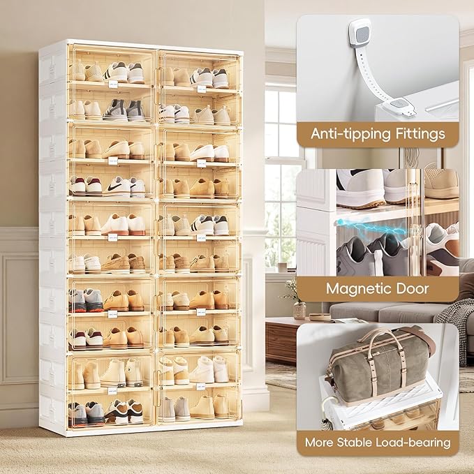 JEKO&JEKO 10 Tiers Foldable Shoe Rack Organizer Cabinet for Closet Entryway, Large Collapsible Shoe Storage Box with Magnetic Doors Fits Up to 40 Pairs (White)