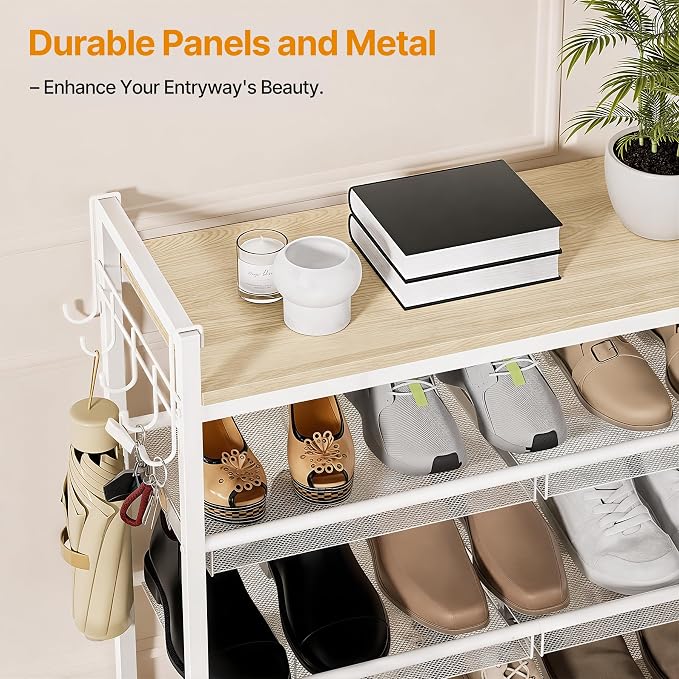 5 Tier Shoe Rack, Shoe Rack for Entryway with Hook, Shoe Organizer with Adjustable Mesh Shelves, Metal Shoe Storage, Closet, Bedroom Living Room Garage