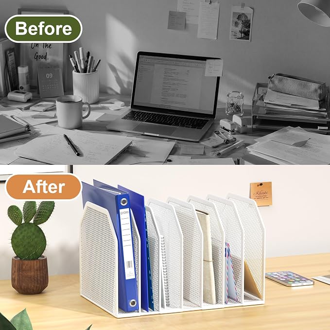 FANXIYQ White 7-Section File Folder Organizer for Desk, Metal Vertical File Holder Stand, Desktop File Organizer Rack for Letter/A4 Folders, Papers, Books, Office Classroom Home