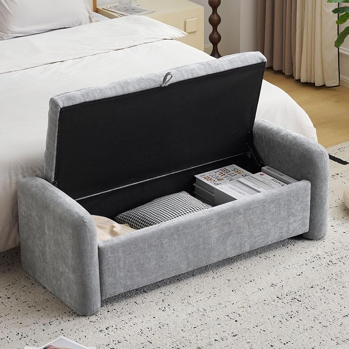 Oversized Chenille Ottoman Bench with Storage, Upholstered End of Bed Bench for Bedroom, Ottoman Foot Rest for Living Room, Light Grey