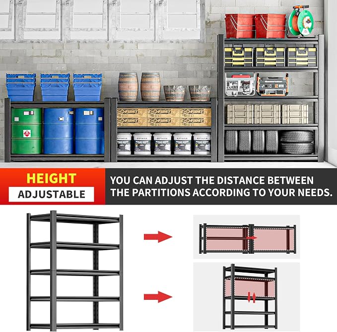 OLLRRACT 5-Tier Garage Shelving, Metal Storage Shelves, Utility Shelf | 48"W x 24"D x 72"H, Adjustable, Steel, Heavy Duty, Industrial Storage Rack for Basement, Laundry, Living Room, Warehouse