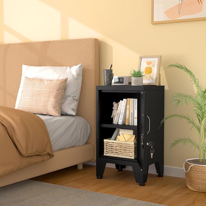PAOFIN 24.4" H Black Metal NightStand Locker Storage Cabinet with 1 Doors, File Cabinet with Shelves, Storage Cabinet with Adjustable Leveling Foot for Home Office Living Room or Bed Room