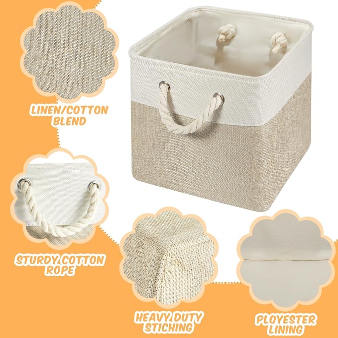 Geiserailie 6 Pcs 12 x 12 Inch Cube Storage Bins Fabric Storage Organizer Bins Foldable Cube Baskets with Sturdy Carry Handles Wicker Baskets for Home (White,Light Brown)