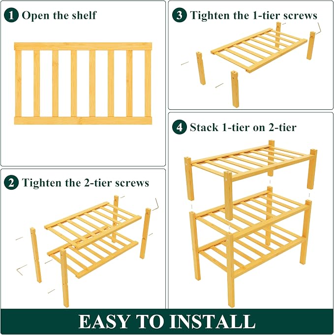 Smiry Bamboo Shoe Rack, 12 Vertical Slats, 3 Tier - 17.3" Wide, Natural | Stackable Free Standing Wooden Shoe Organizer, Wood Shoe Storage Shelf for Closet, Entryway