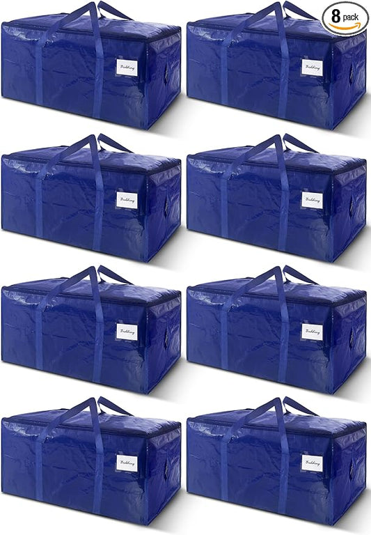 8 Pack Extra Heavy Duty Large Moving Bags with Strong Zipper & Carrying Handles, Sturdy Clothes Storage Bag Totes Bins, Packing Bags Moving Boxes College Moving Supplies, Dark Blue - 33 gal