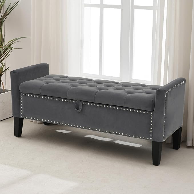 Storage Ottoman Bench, Velvet Upholstered Footstool for Bedroom and Living Room, Frosted Flannel Seat with Storage, Wooden Legs & Metal Rivets, Dark Grey