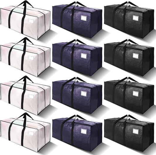 VELVETSURE 12 Pack Heavy Duty Large Moving Bags W/Backpack Straps - Strong Handles & Zippers, Storage Totes, Fold Flat, Alternative to Moving Box and Storage Bin, Semi-Transparent+Blue+Black