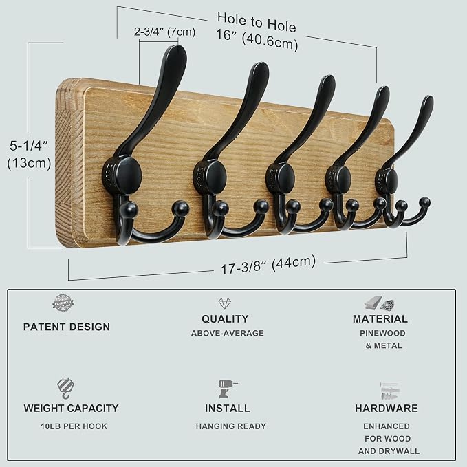 Coat Rack Wall Mount - Heavy-Duty Robust Barnwood-Style Wooden Wall Coat Hanger Hook Rail with 5 Triple Hooks for Winter Coats Hat Jacket Clothing, Weathered Brown & Black