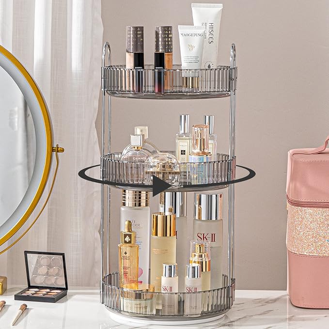 shuang qing Rotating Makeup Organizer for Vanity, Large Capacity Skincare Perfume Storage, Bathroom Counter Organizer, 360 Spinning Cosmetic Dresser Countertop Organizers (Gray, 3 Tier)