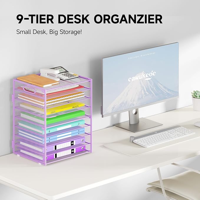 Cawukege 9 Tier Paper Organizer with Handle, 2 Pack Large Capacity Desk Organizer Mesh Paper Letter Tray File Folder Document Sorter for Classroom and Office Accessories Organization- Purple