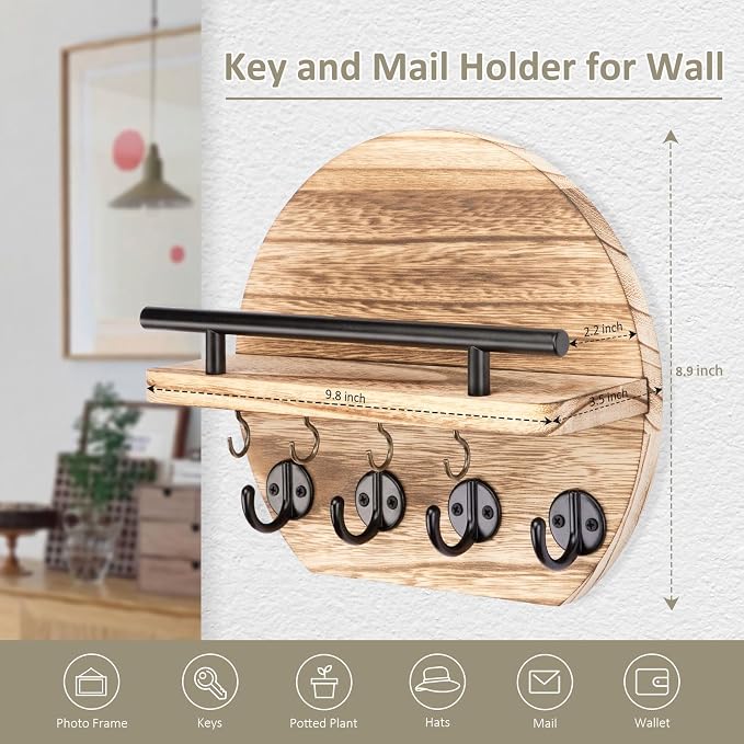 Nekon Key Holder for Wall - 9.8 Inch Apartment Wall Decor with Shelf and 8 Key Hooks, Circular Wood Key Hanger for Home Decor (Wood)