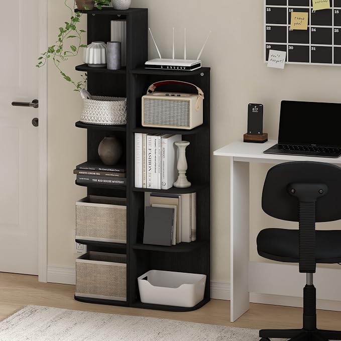 Furinno PASIR Book Shelf, 5-Tier Corner Bookshelf with Open Shelf, Standing Bookcase, 9.3 x 12 x 51.7, for Organization and Storage, for Living Room, Bedroom, Home Office, Blackwood