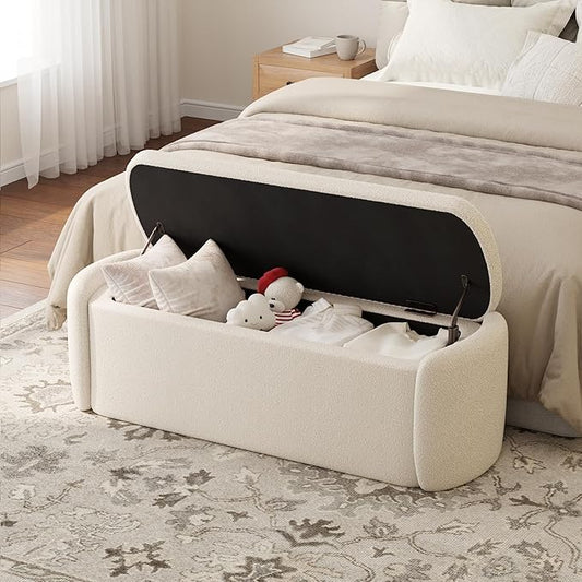 VKNOW Storage Bench, Upholstered Storage Ottoman Bench with Hinge, Beige | Ottoman Bench with Large Capacity, Curved Frame, King Size Bench, Storage Bench for Bedroom, Living Room, Entryway, Window