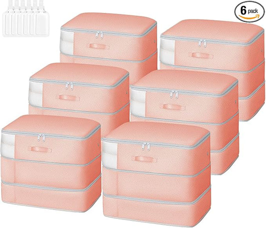 Comforter Storage Bag - Large Capacity Blanket Storage Bags 3-Layer Ultra Space Saving Self Compression Organizer, Washable Compression Bags for Storage Comforter Blanket, 6-Pack, Pink
