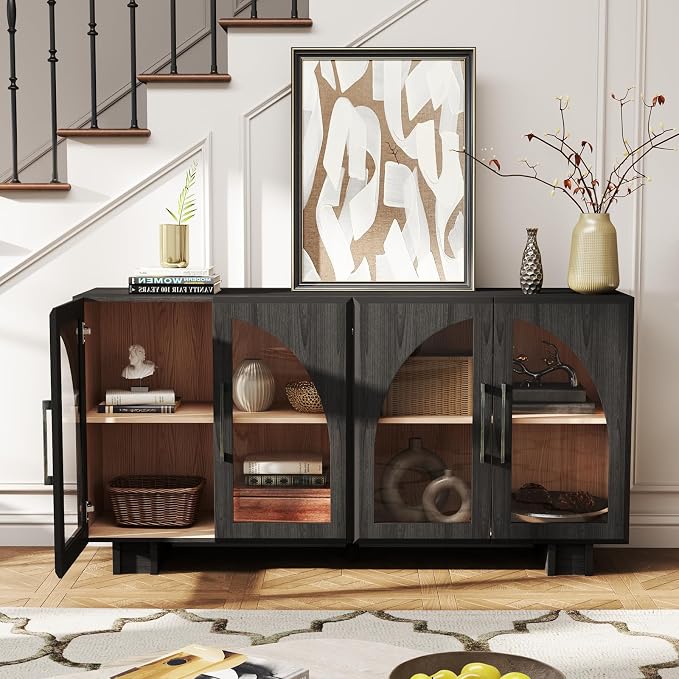JOINICE 63” Sideboard Buffet Cabinet with Storage for Dining Room,Black | Modern Accent Console Cabinet with Arched Glass Doors,supports up to 100 lbs,Adjustable Shelves,for Kitchen,Entryway
